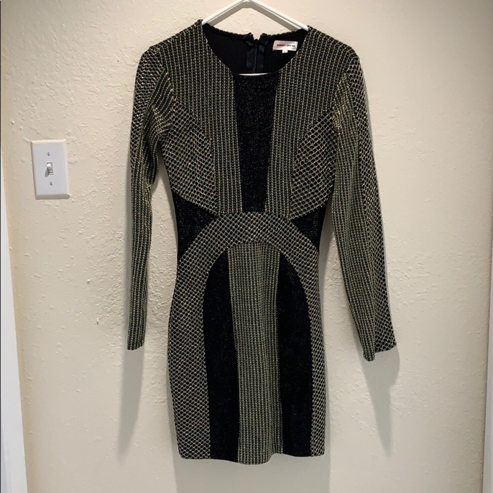Sunset+spring black and gold mini dress